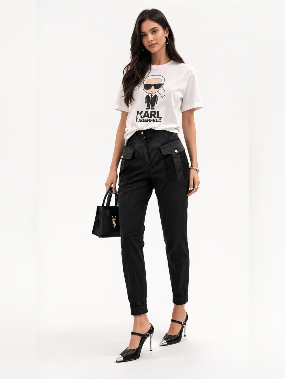 Black High Waist Cargo Pants Tapered Chic Leather Trim S